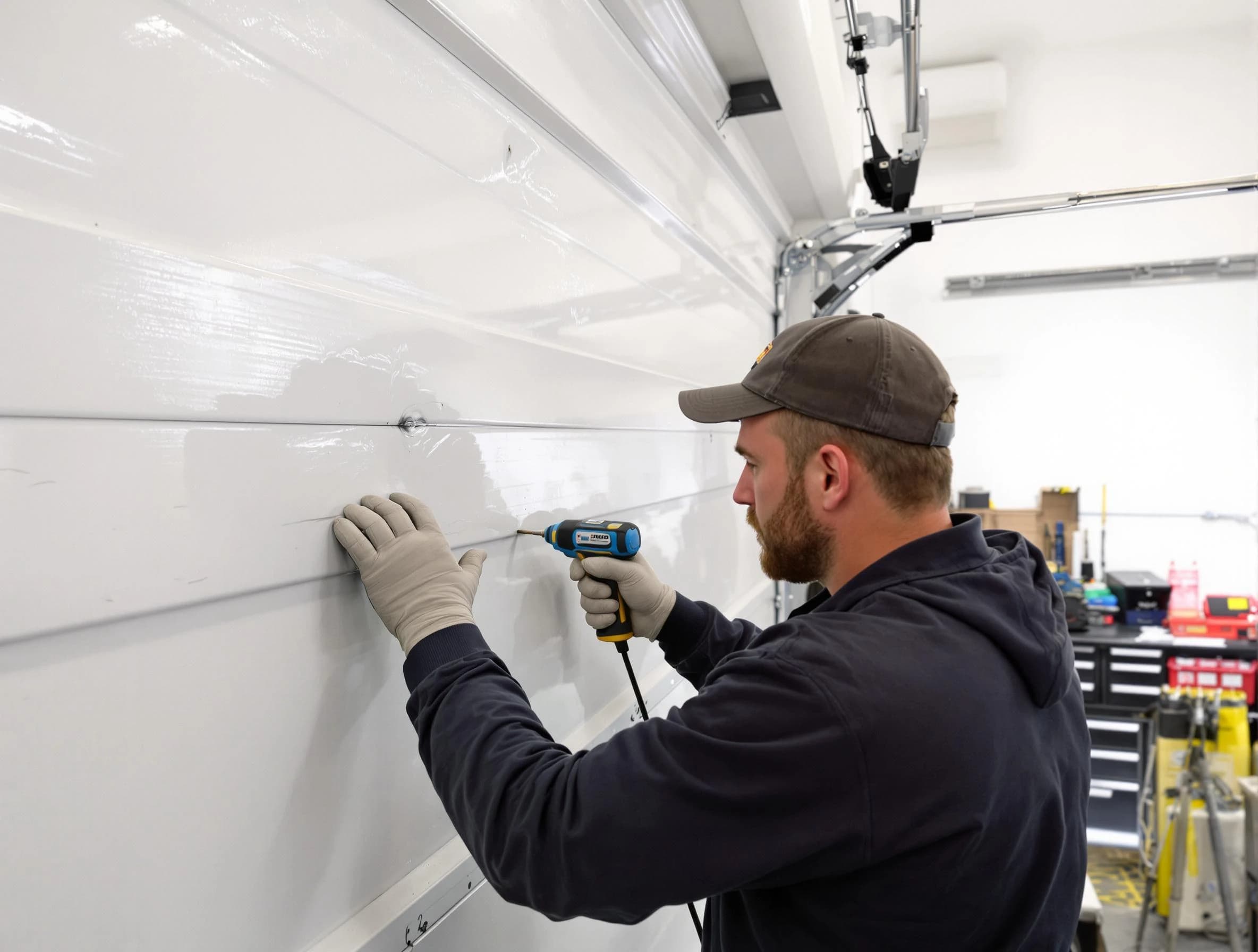 Brookhaven Garage Door Repair technician demonstrating precision dent removal techniques on a Brookhaven garage door