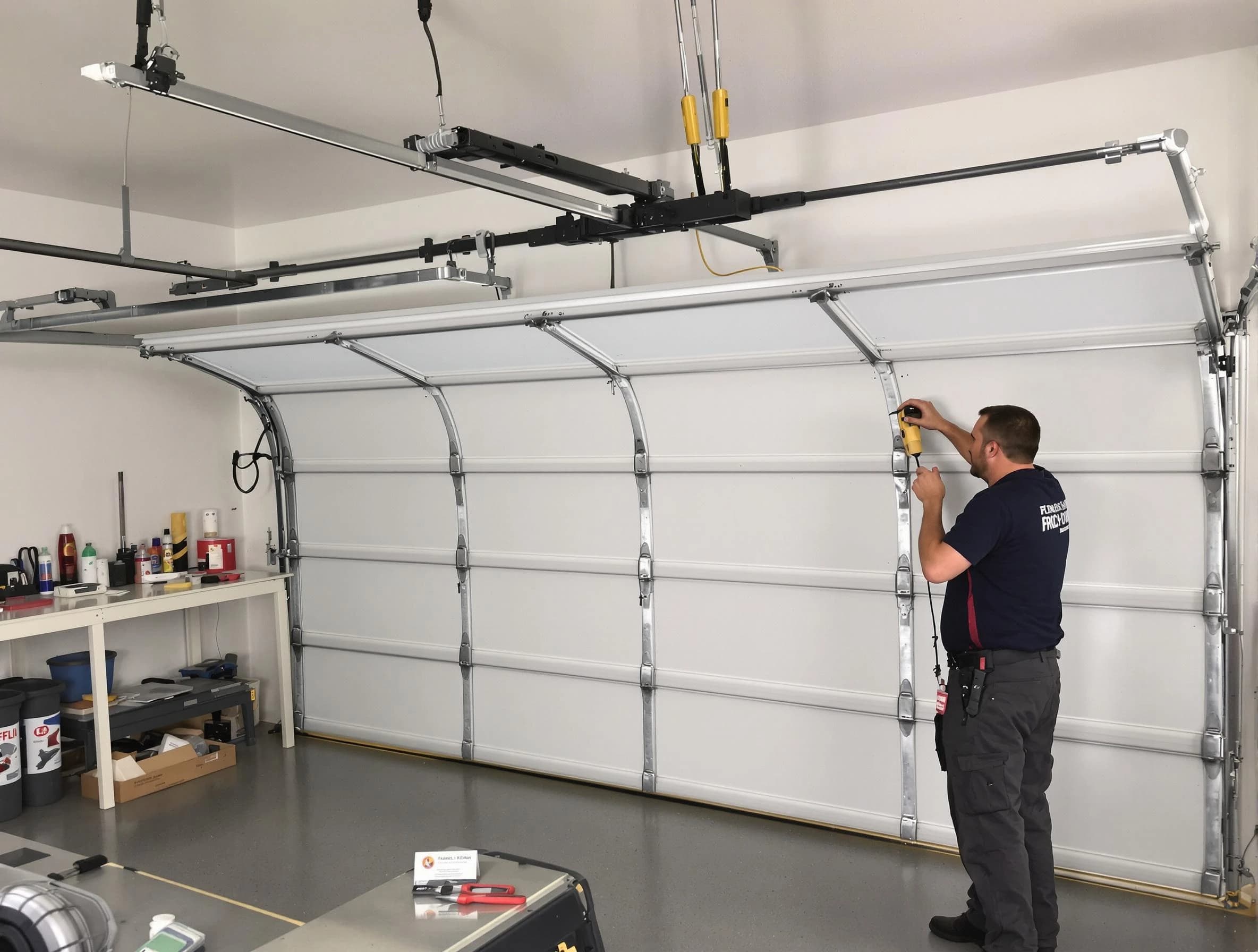 Brookhaven Garage Door Repair certified technician performing overhead door system repair in Brookhaven